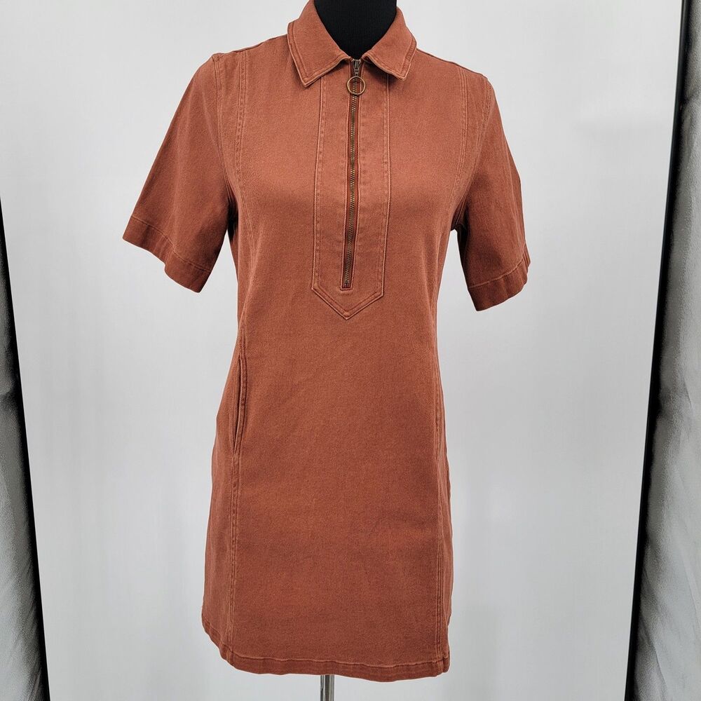 Makk Fashions Womens S Rust Short Sleeve Collar Rayon Half Zip Mini Dress NWT
